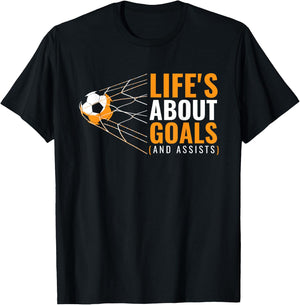 Life’s About Goals and Assists Funny Quote Youth Soccer T-Shirt - T-Shirt | Black