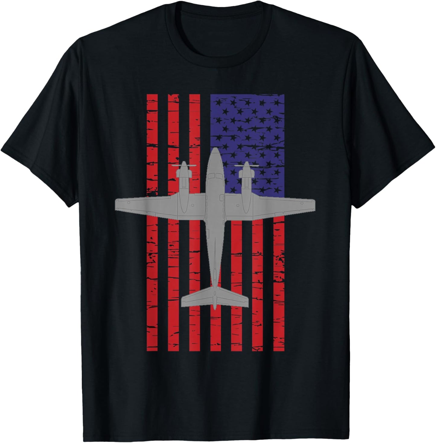 King Air B200 Airplane Pilot American Flag T-Shirt - T-Shirt | Black