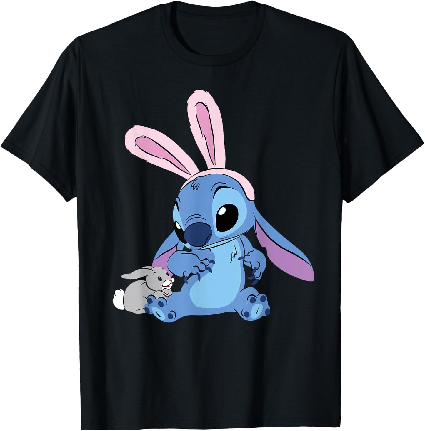 Disney Stitch in Easter Bunny Costume with Cute Fuzzy Friend T-Shirt - T-Shirt | Black