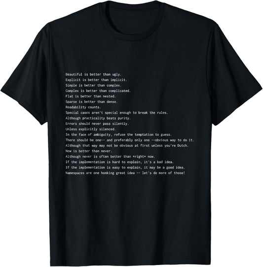 Funny Python Programmer Zen of Python Programming Gift T-Shirt - T-Shirt | Black