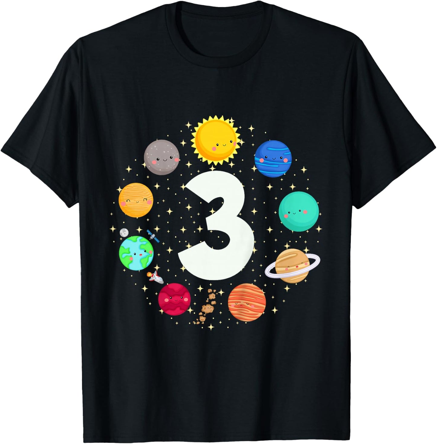 Kids 3 Years Old Boy Planets Space 3rd Birthday Kids T-Shirt - T-Shirt | Black