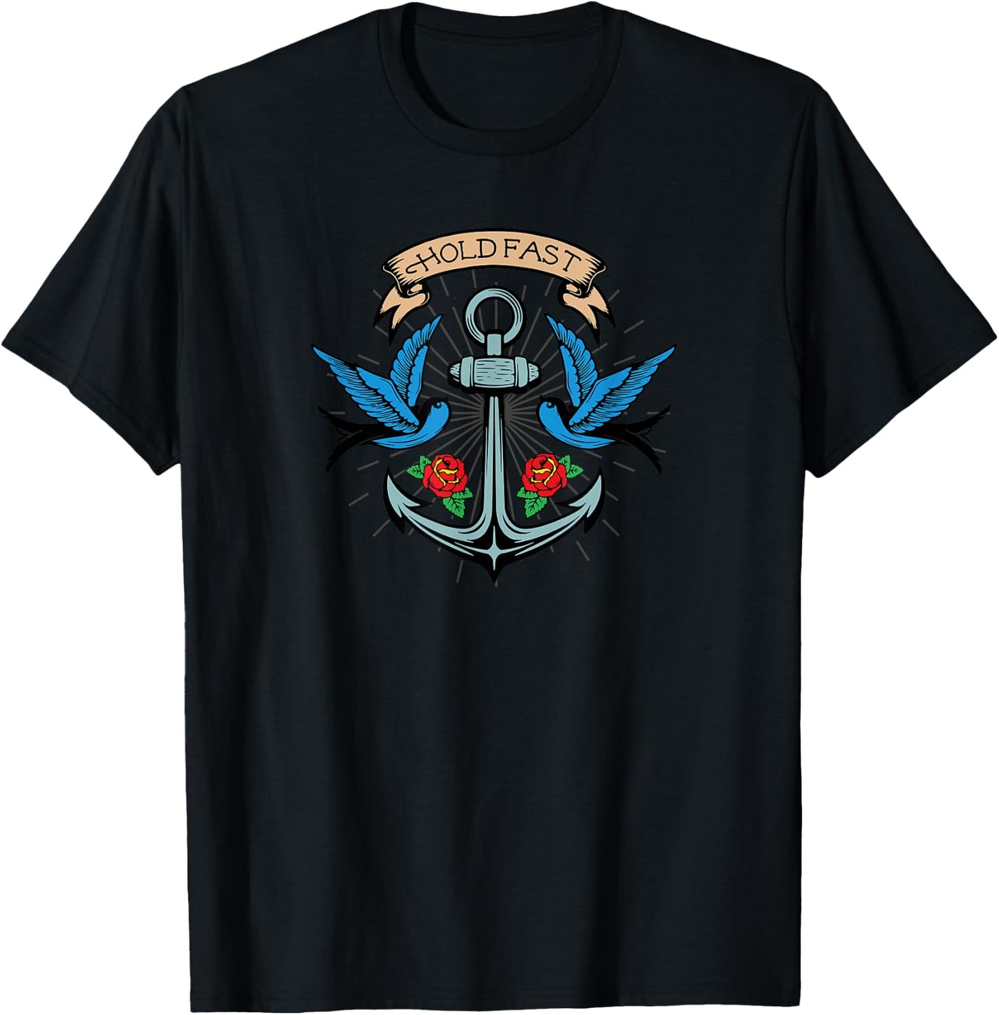Hold Fast Anchor Sparrow Rose Tattoo-Inspired Gift T-Shirt - T-Shirt | Black