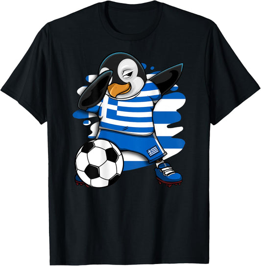 Dabbing Penguin Greece Soccer Fans Jersey Football Lovers T-Shirt - T-Shirt | Black