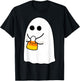 Ghost Holding Candy Corn Funny Halloween Costume Cute Ghost T-Shirt - T-Shirt | Black