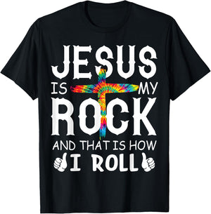 Jesus Is My Rock That is How I Roll Bible Christian Cross T-Shirt - T-Shirt | Black