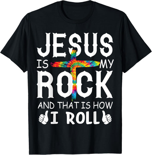 Jesus Is My Rock That is How I Roll Bible Christian Cross T-Shirt - T-Shirt | Black