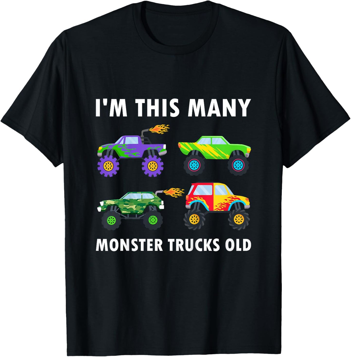 Kids 4 Years Old Boy Monster Trucks Old 4th Birthday Kids T-Shirt - T-Shirt | Black