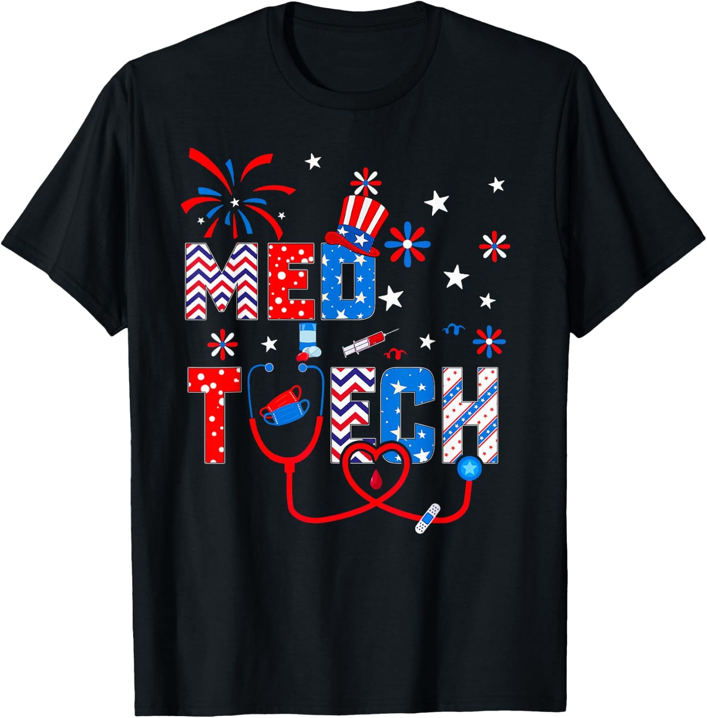 4th Of July Shirt Stethoscope Patriotic Med Tech T-Shirt - T-Shirt | Black