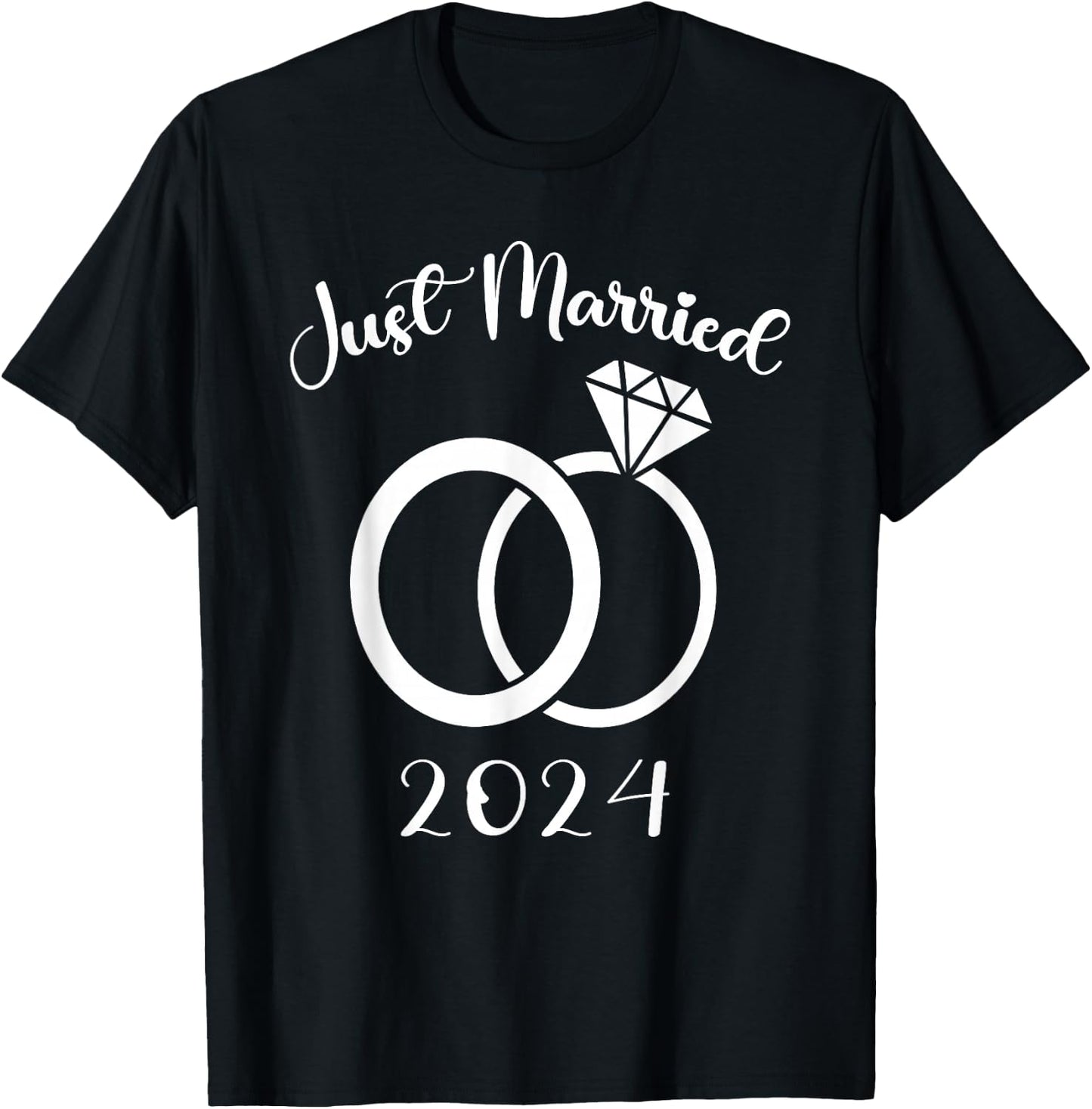 Just Married 2024 Wedding Rings Matching Couple Newlyweds T-Shirt - T-Shirt | Black