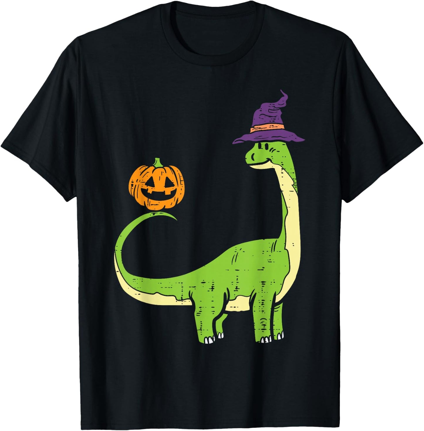 Brachiosaurus Witch Pumpkin Halloween Dinosaur Brontosaurus T-Shirt - T-Shirt | Black