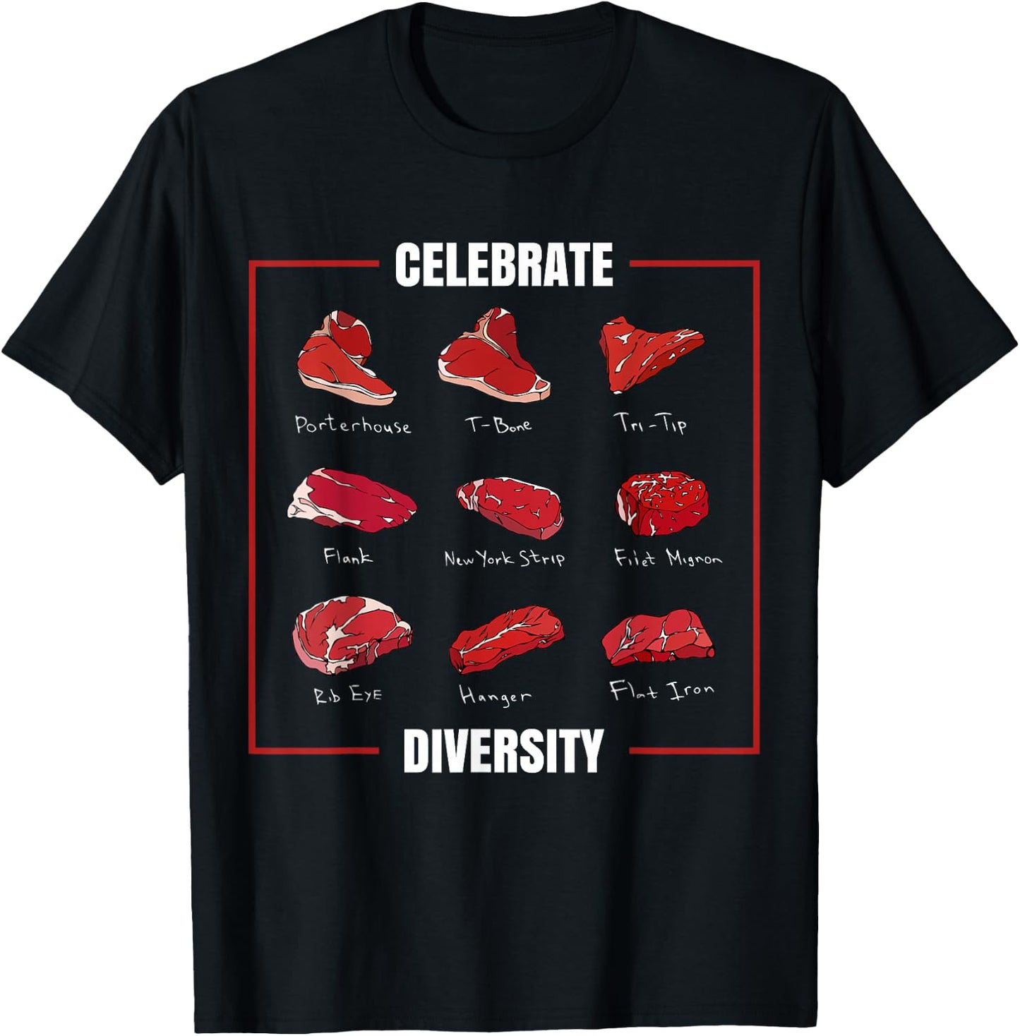 Celebrate Diversity Funny Steak Cuts Grill BBQ Meat Lover T-Shirt - T-Shirt | Black