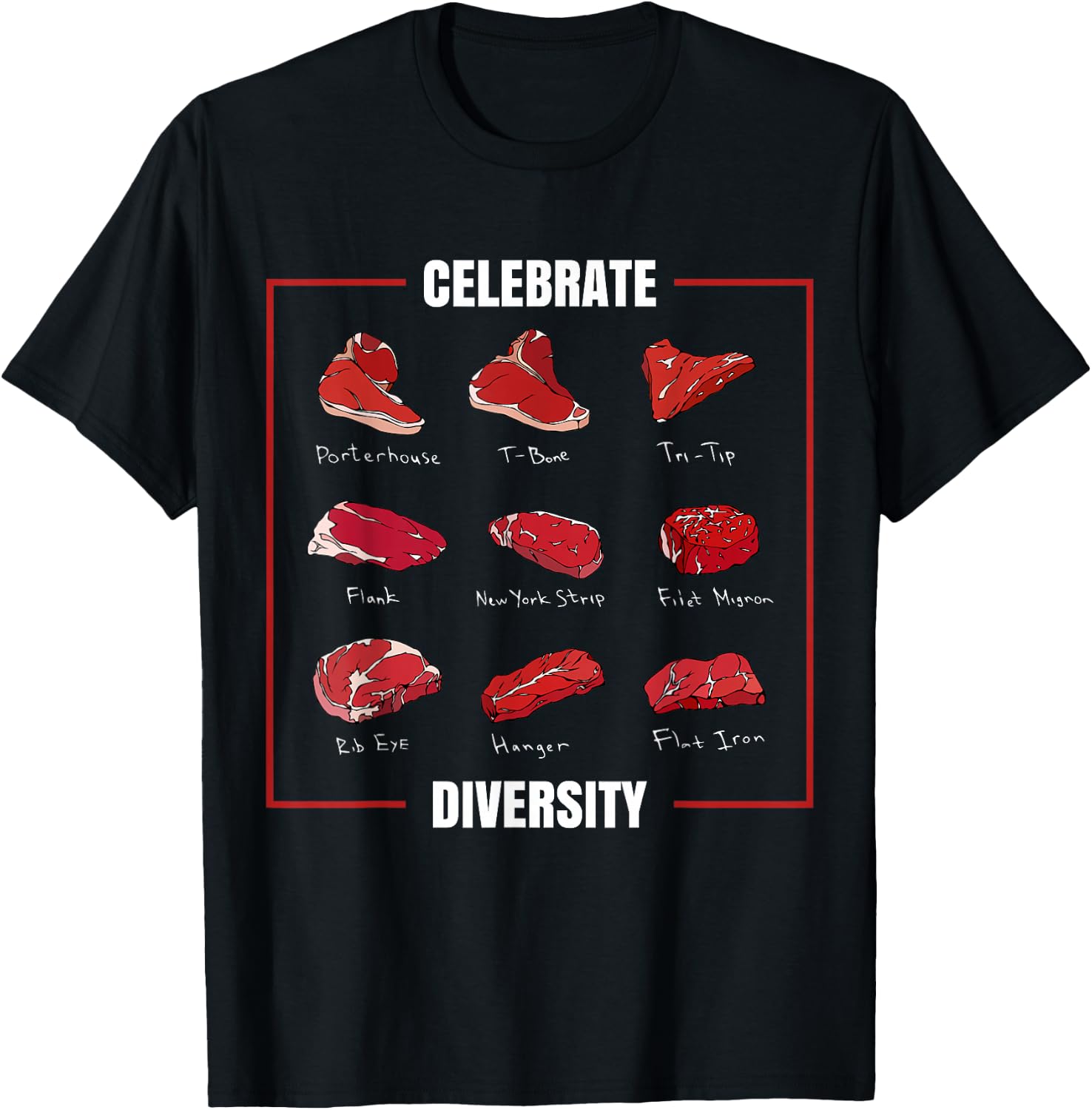 Celebrate Diversity Funny Steak Cuts Grill BBQ Meat Lover T-Shirt - T-Shirt | Black