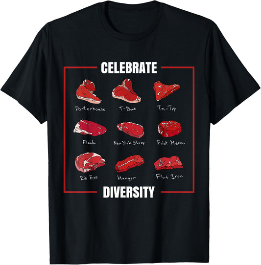 Celebrate Diversity Funny Steak Cuts Grill BBQ Meat Lover T-Shirt - T-Shirt | Black