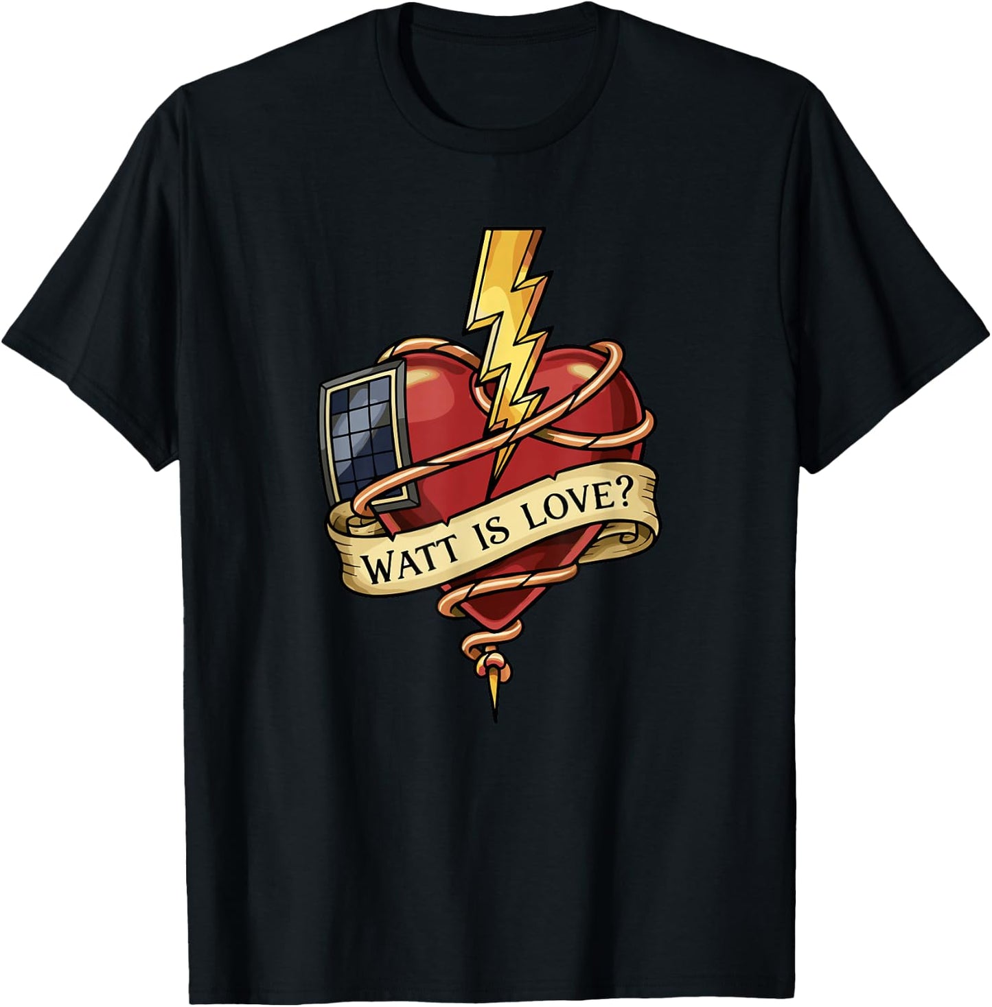Watt is Love Tattoo Heart Solar Panel Electric Pun T-Shirt - T-Shirt | Black