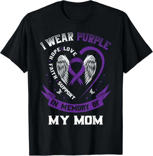 I Wear Purple In Memory Of My Mom Alzheimers Awareness Wings T-Shirt - T-Shirt | Black
