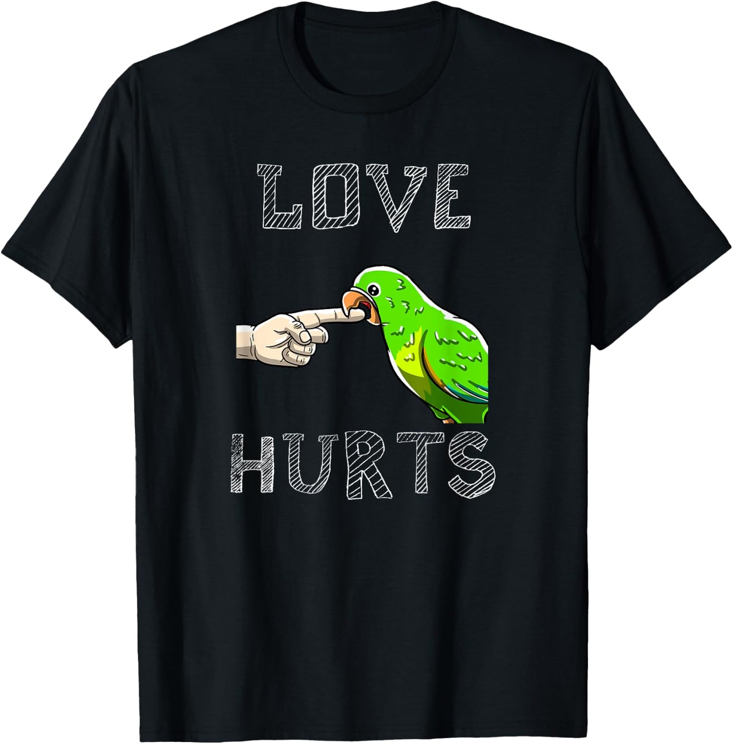 BoredKoalas Bird Parrot Love Hurts Parrot Biting Finger Funny Pet Bird Lover Gift T-Shirt - T-Shirt | Black