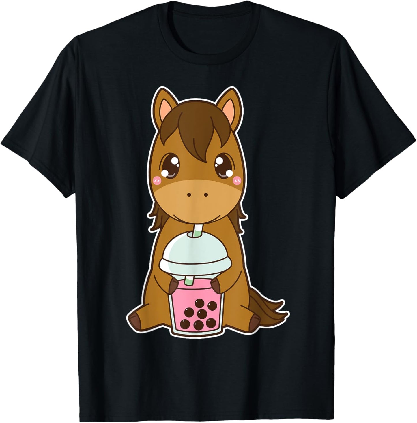 Kawaii Cute Zodiac Boba Horse Strawberry Bubble Milk Tea T-Shirt - T-Shirt | Black