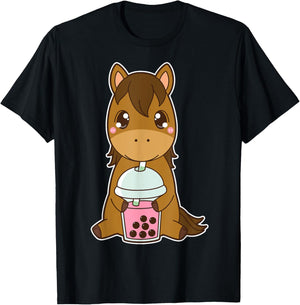 Kawaii Cute Zodiac Boba Horse Strawberry Bubble Milk Tea T-Shirt - T-Shirt | Black