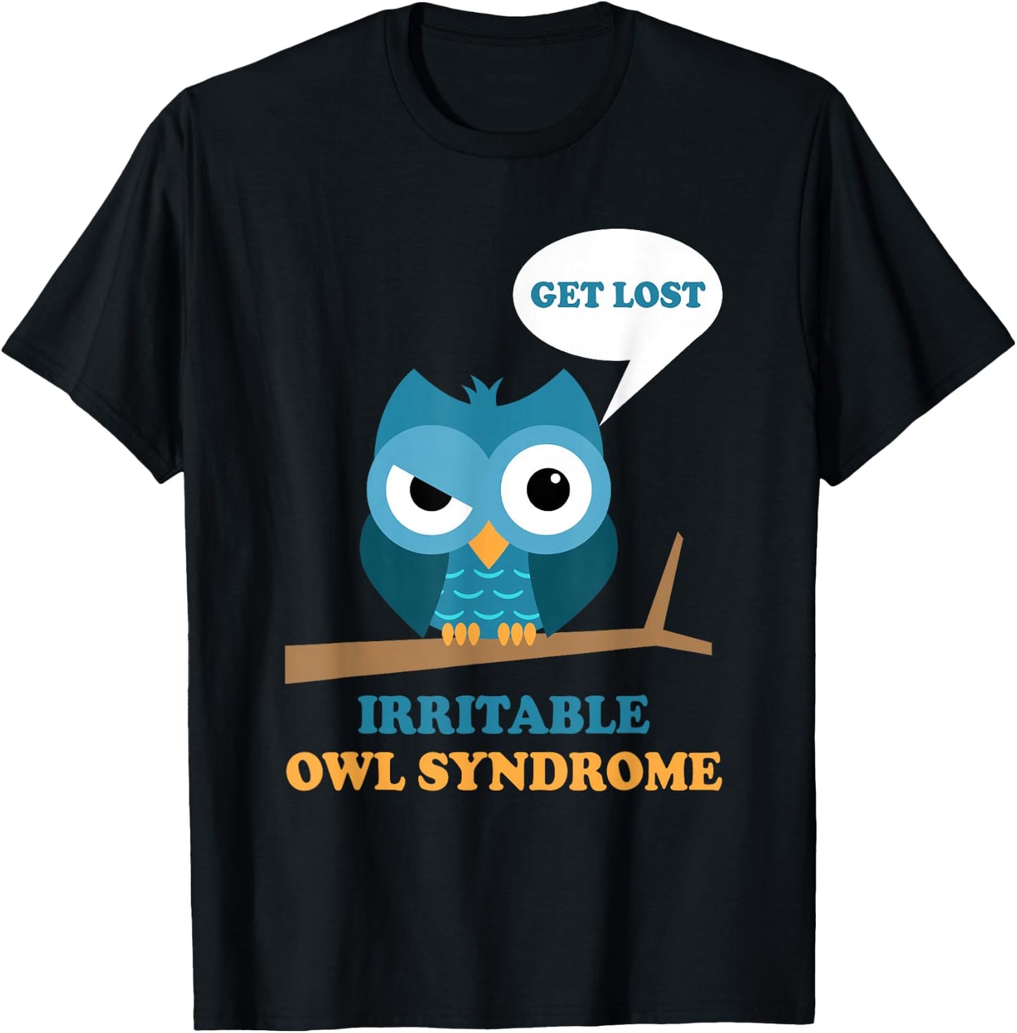 Irritable Owl Syndrome Funny Grumpy Owl IBS Joke Bowel Pun T-Shirt - T-Shirt | Black