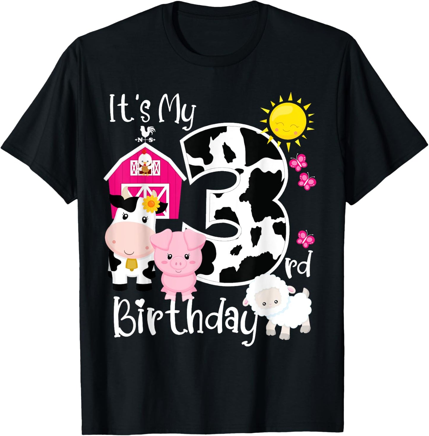 Farm Animals 3 Year Old It's My 3rd Birthday Party Bday Girl T-Shirt - T-Shirt | Black