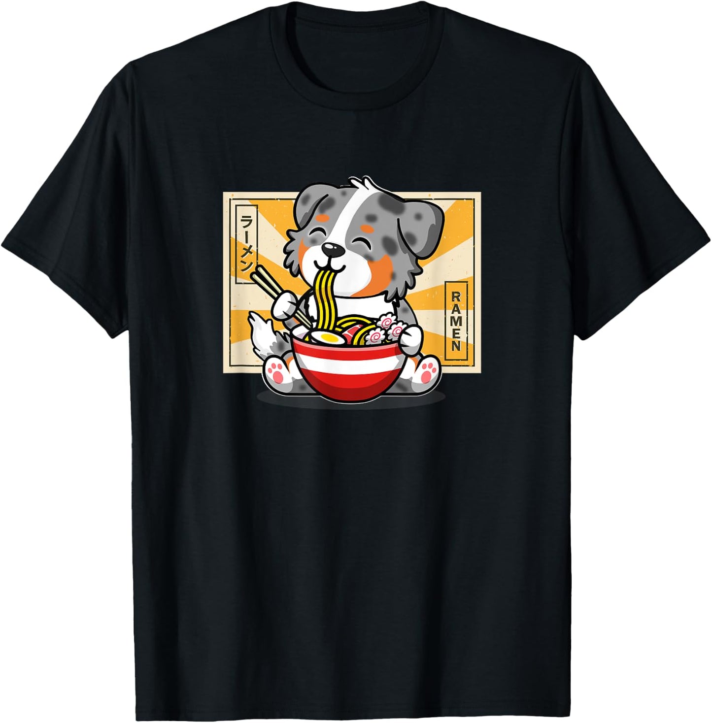 Funny Kawaii Kids Ramen Blue Merle Australian Shepherd Lover T-Shirt - T-Shirt | Black