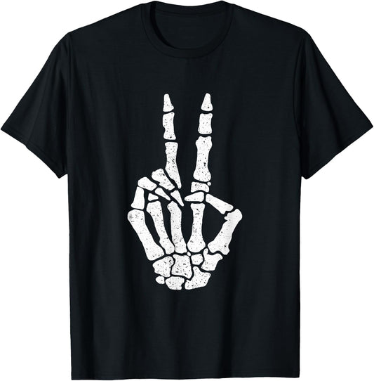 Halloween Skeleton Hand Peace Sign Funny Costume T-Shirt - T-Shirt | Black