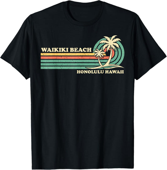 Vintage Retro Summer Vacation Honolulu Hawaii Waikiki Beach T-Shirt - T-Shirt | Black