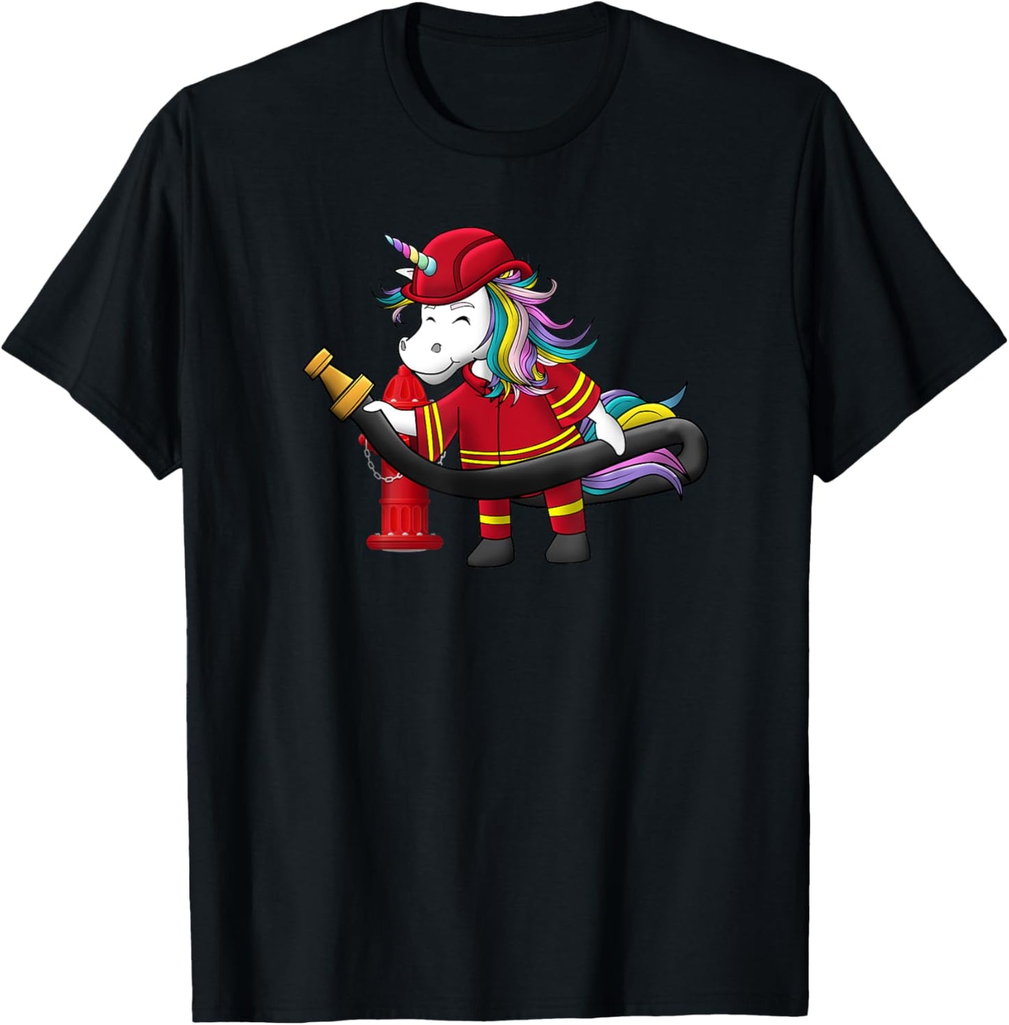 Unicorn Firefighter Fireman Birthday Party Funny Girl Love T-Shirt - T-Shirt | Black