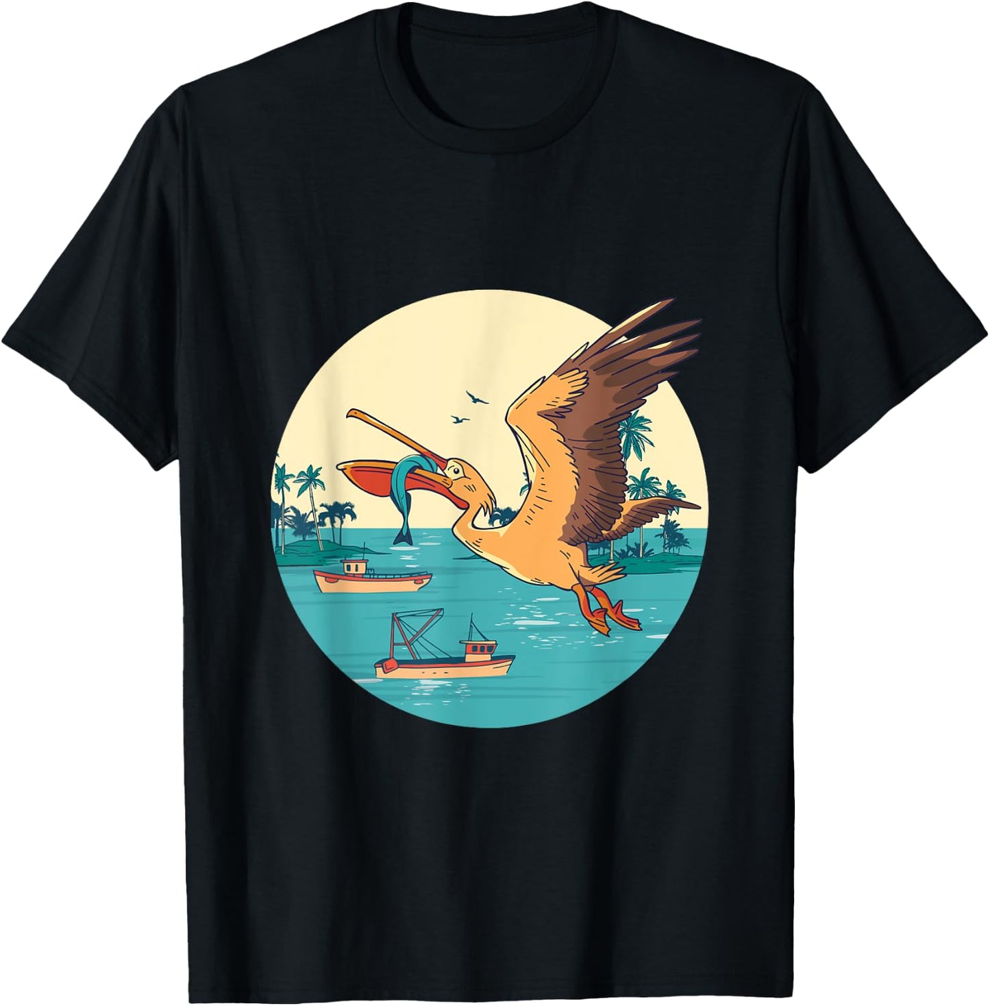 Pelican Bird Island Boat Fish Catch Tropical Bird Animal T-Shirt - T-Shirt | Black