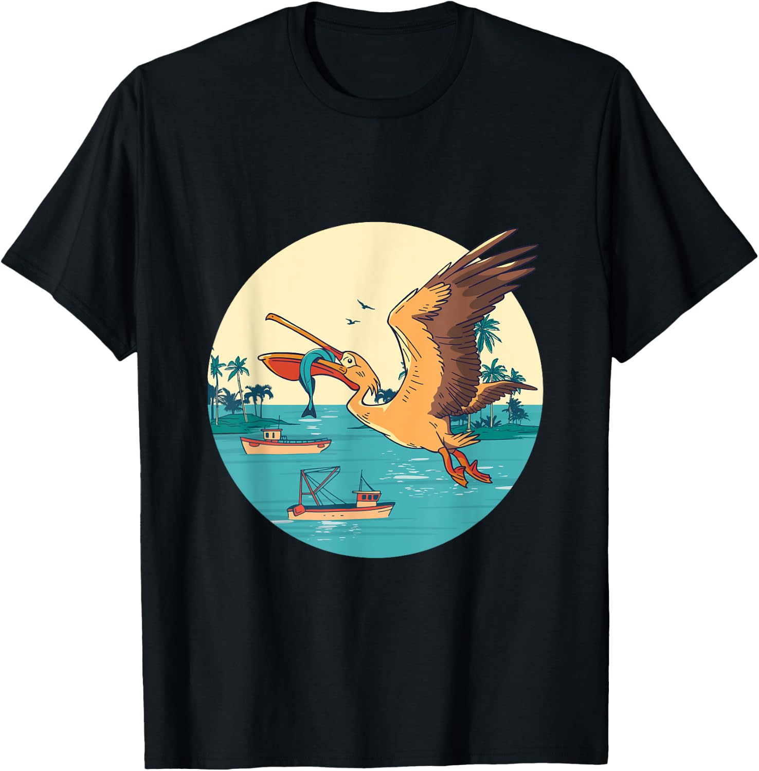 Pelican Bird Island Boat Fish Catch Tropical Bird Animal T-Shirt - T-Shirt | Black