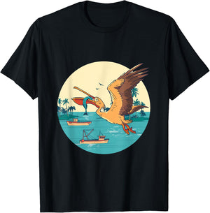 Pelican Bird Island Boat Fish Catch Tropical Bird Animal T-Shirt - T-Shirt | Black