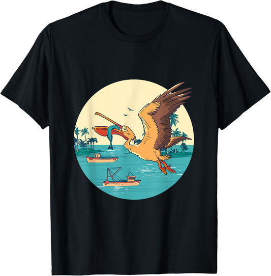 Pelican Bird Island Boat Fish Catch Tropical Bird Animal T-Shirt - T-Shirt | Black