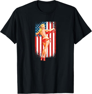 Patriotic Vintage Sexy Pinup Girl T-Shirt - T-Shirt | Black