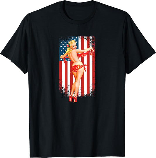 Patriotic Vintage Sexy Pinup Girl T-Shirt - T-Shirt | Black