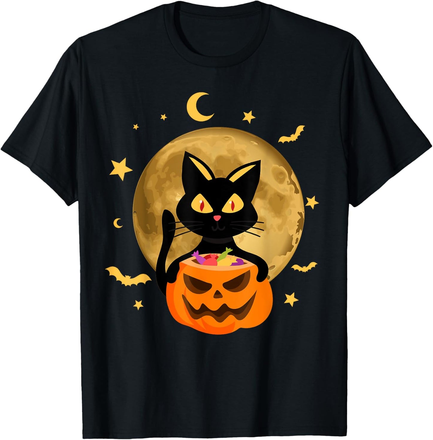 Halloween Black Cat Scary Pumpkin On the Moon Men Women Kids T-Shirt - T-Shirt | Black