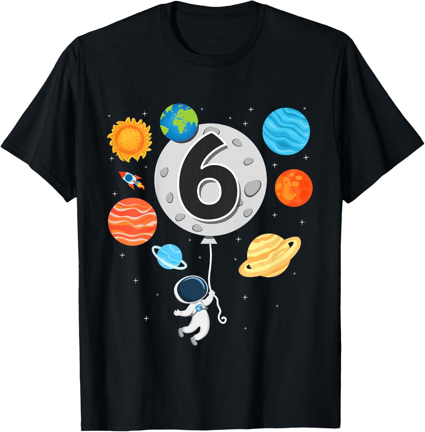 Kids 6th Birthday Astronaut Balloon Planet 6 Year Old Boy T-Shirt - T-Shirt | Black