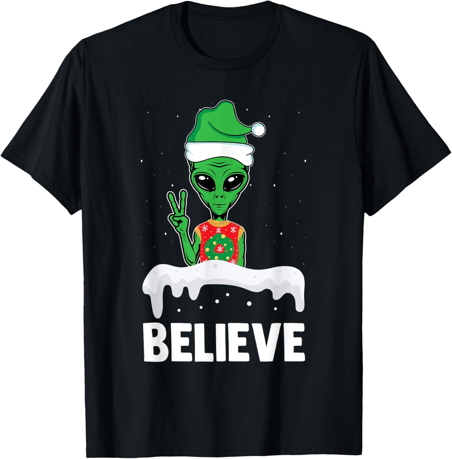 Christmas Alien Believe Elf Hat Holiday UFO Ugly Xmas T-Shirt - T-Shirt | Black