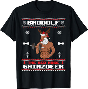 Brodolf The Red Nose Gainzdeer Gym Ugly Christmas Sweater T-Shirt - T-Shirt | Black