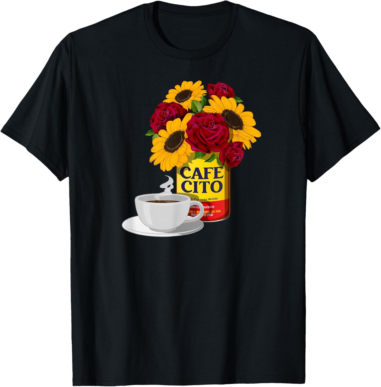 Cafecito and Confidence Cafe con Flores - -Adults, Black, Small, Short Sleeve, Classic Fit, Cotton Blend, Floral, Vacation, Classic, Unique Design T-Shirt - T-Shirt | Black