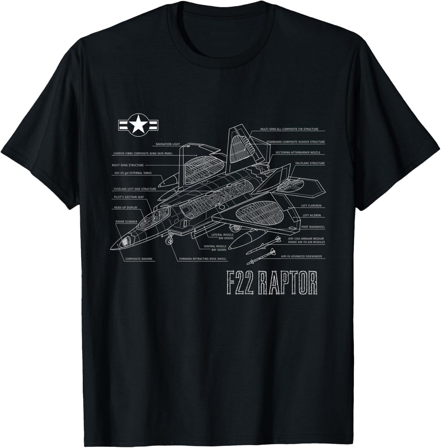 Kids American Aircraft Stealth Fighter F22 Raptor Blueprint T-Shirt - T-Shirt | Black