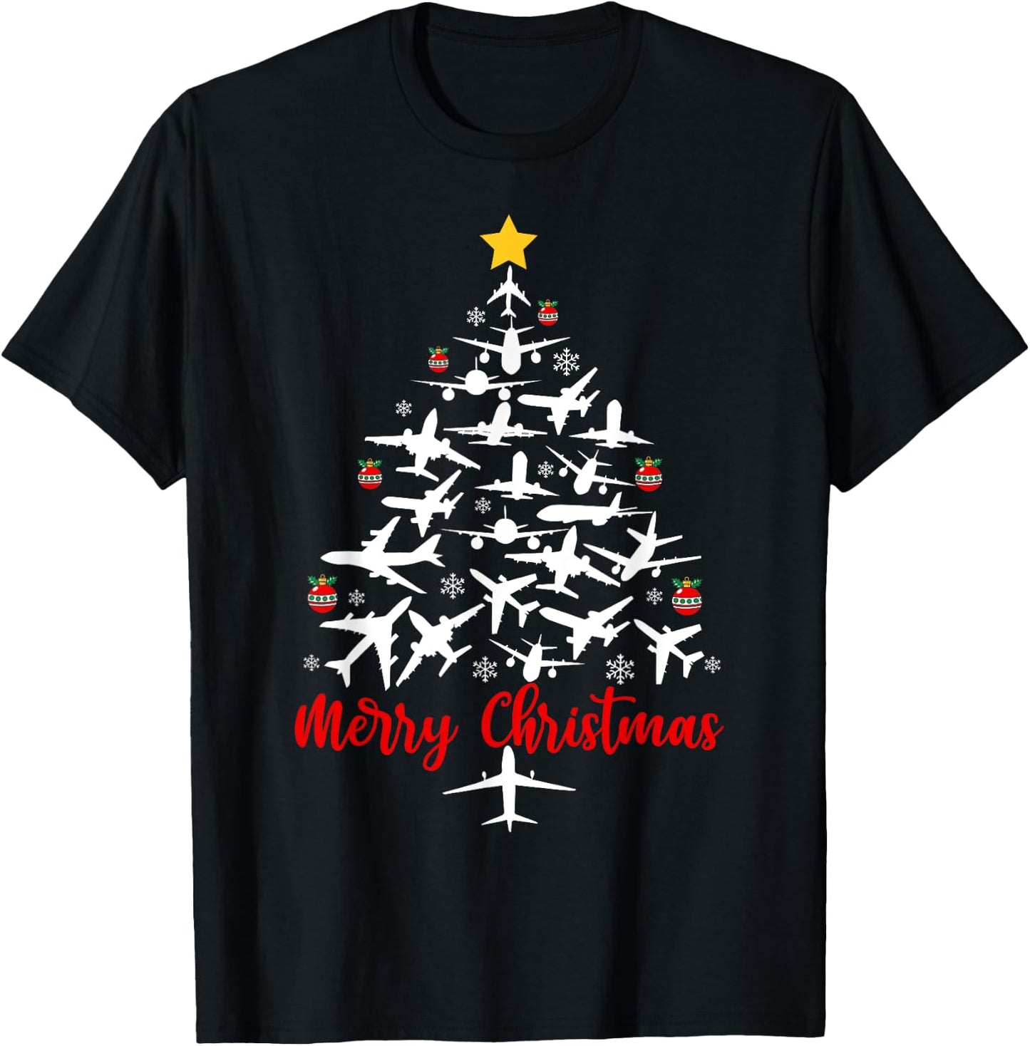 Airplane Christmas Tree Merry Christmas Men Women Kids T-Shirt - T-Shirt | Black