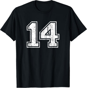 Number 14 Fourteen Distressed Vintage Sports Team Training T-Shirt - T-Shirt | Black
