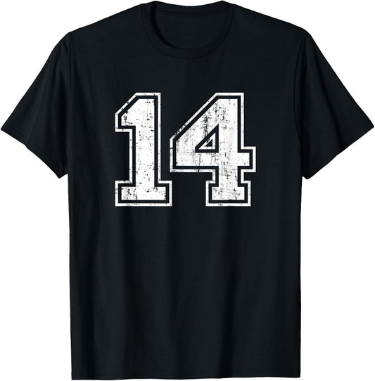 Number 14 Fourteen Distressed Vintage Sports Team Training T-Shirt - T-Shirt | Black