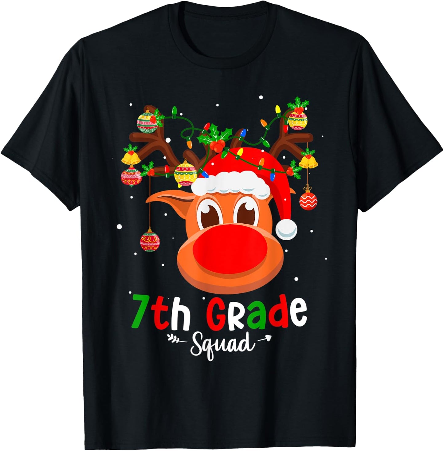 7th Grade Squad Plaid Reindeer Santa Hat Teacher Christmas Men Women Kids T-Shirt - T-Shirt | Black