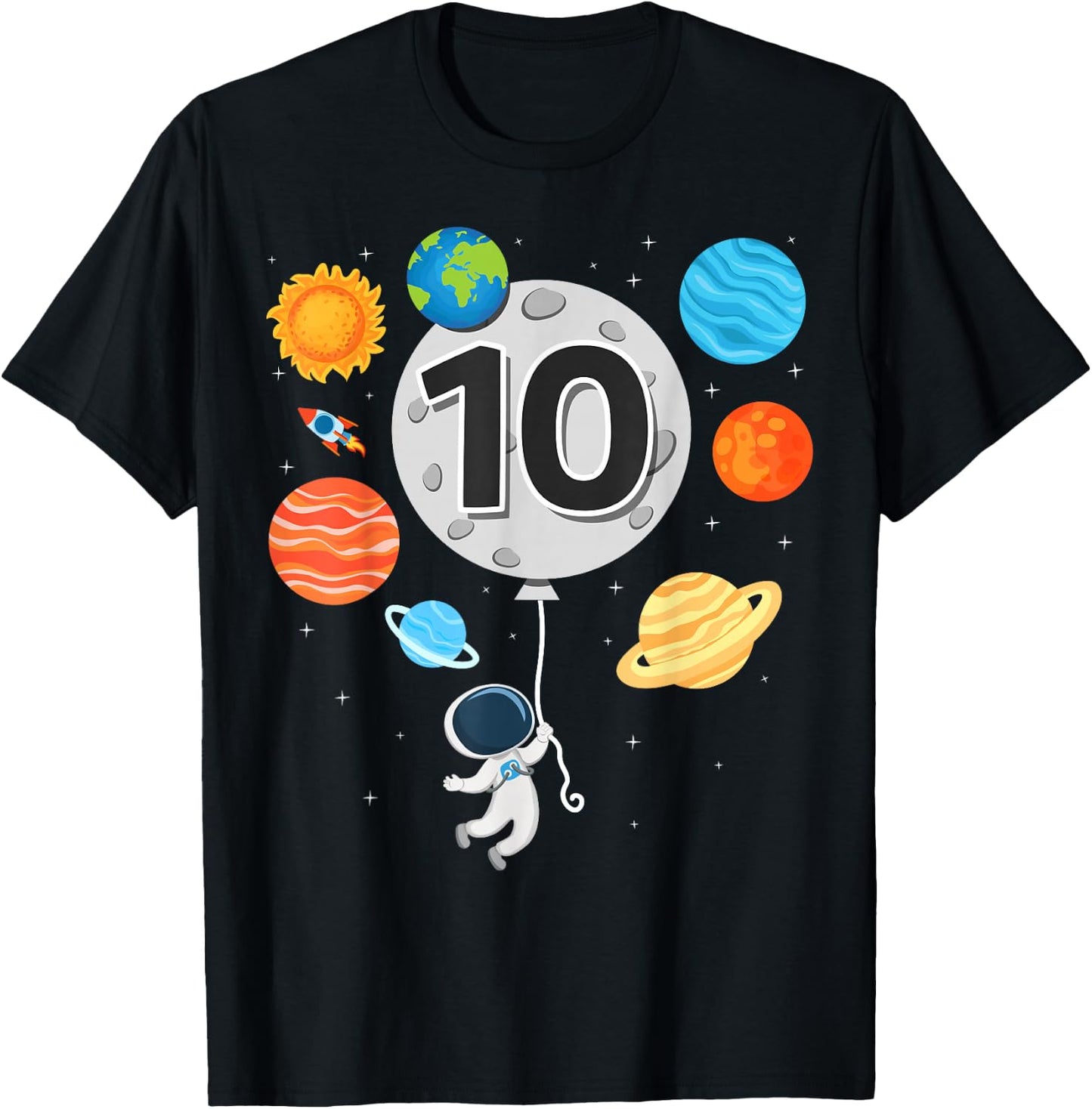 10th Birthday Astronaut Balloon Planet 10 Year Old Boy T-Shirt - T-Shirt | Black