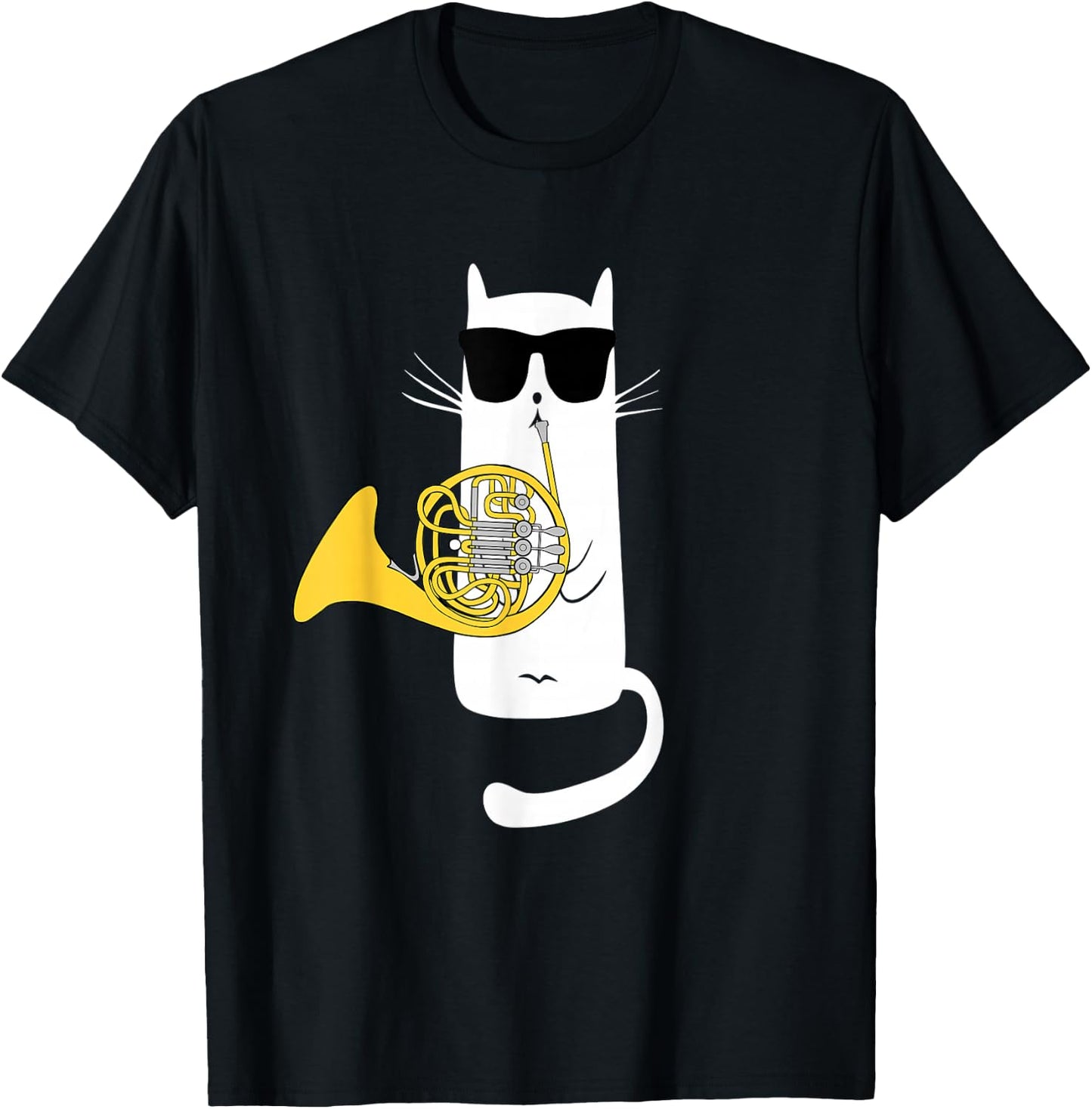 Funny Cat Wearing Sunglasses Playing French Horn T-Shirt - T-Shirt | Black