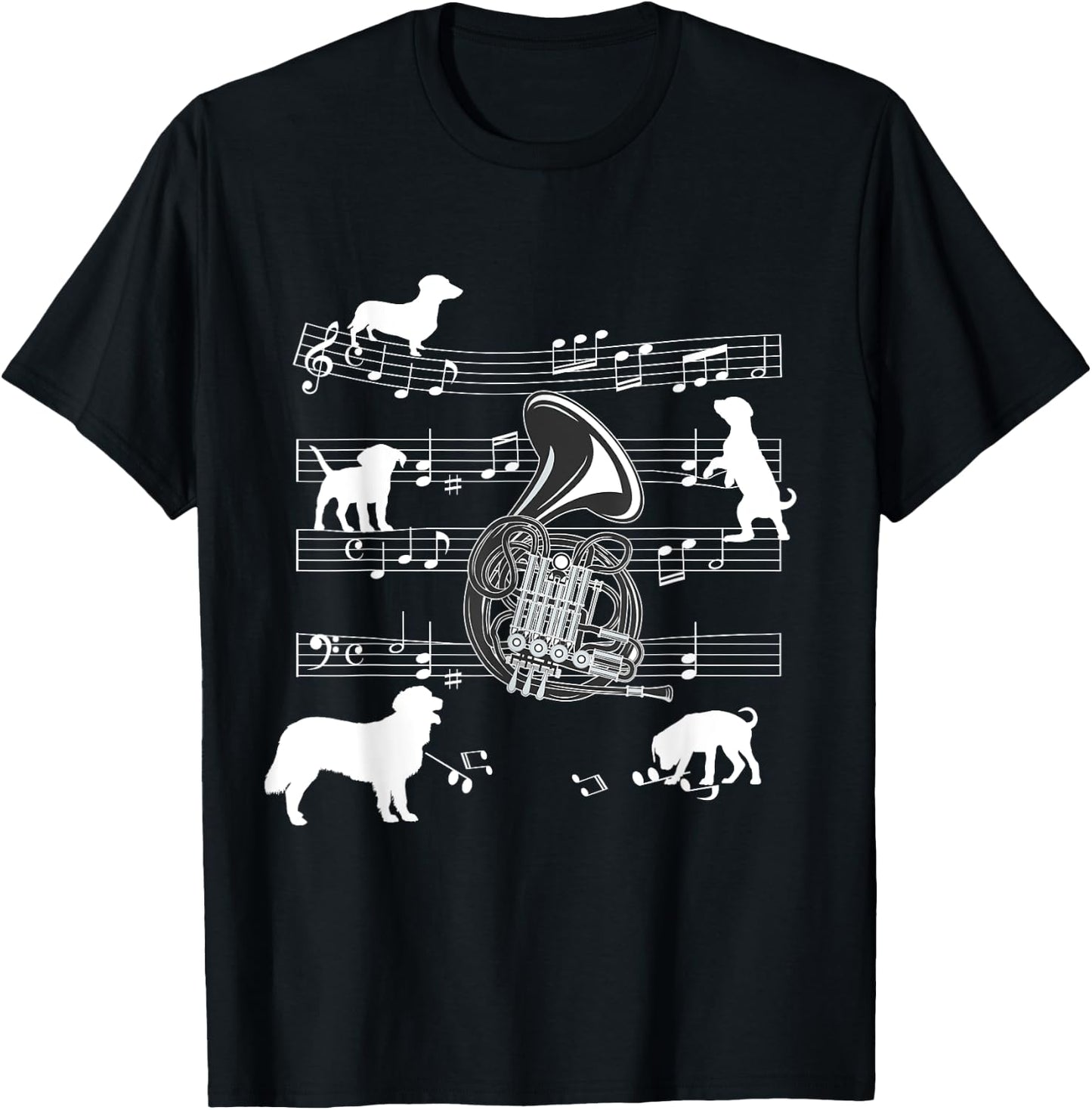 French Horn Player Dog for Horn Player Dogs and French Horn Men Women Girls Kids T-Shirt - T-Shirt | Black