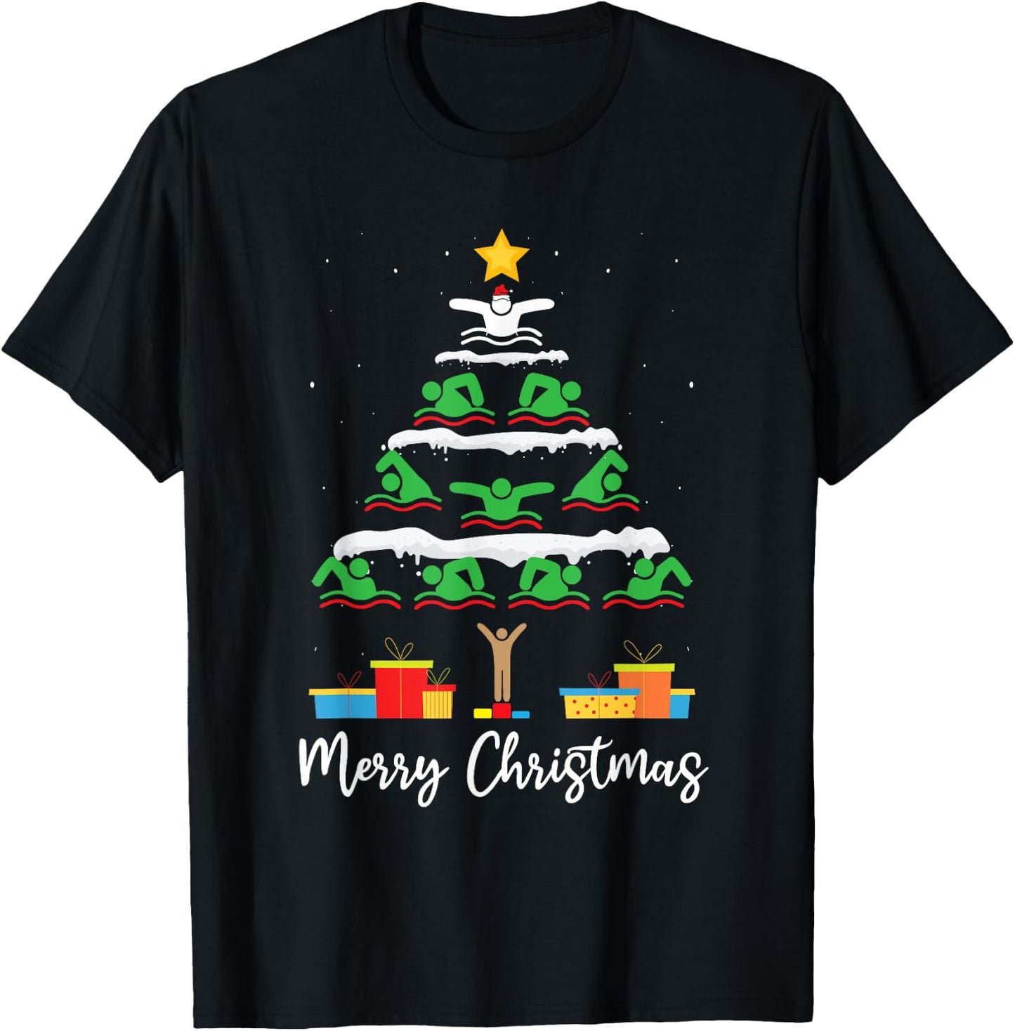 Merry Christmas Santa Christmas Tree Swiming Lover Swimmer T-Shirt - T-Shirt | Black