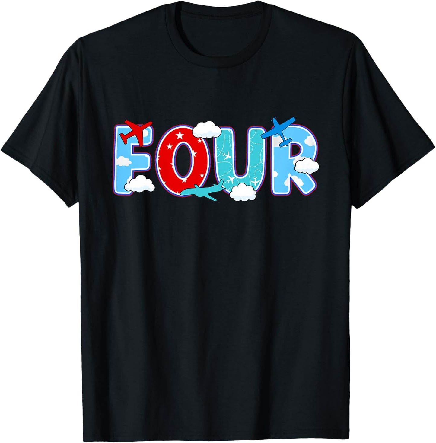 4th Airplane Birthday Party Four Year Old Pilot Birthday T-Shirt - T-Shirt | Black