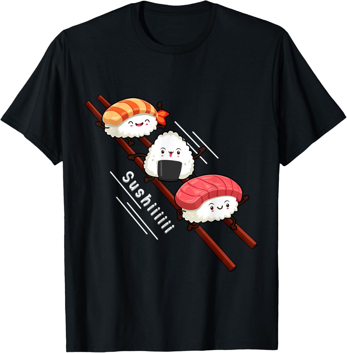Sushi Sliding On Chopsticks Funny Kawaii Anime Japanese food T-Shirt - T-Shirt | Black